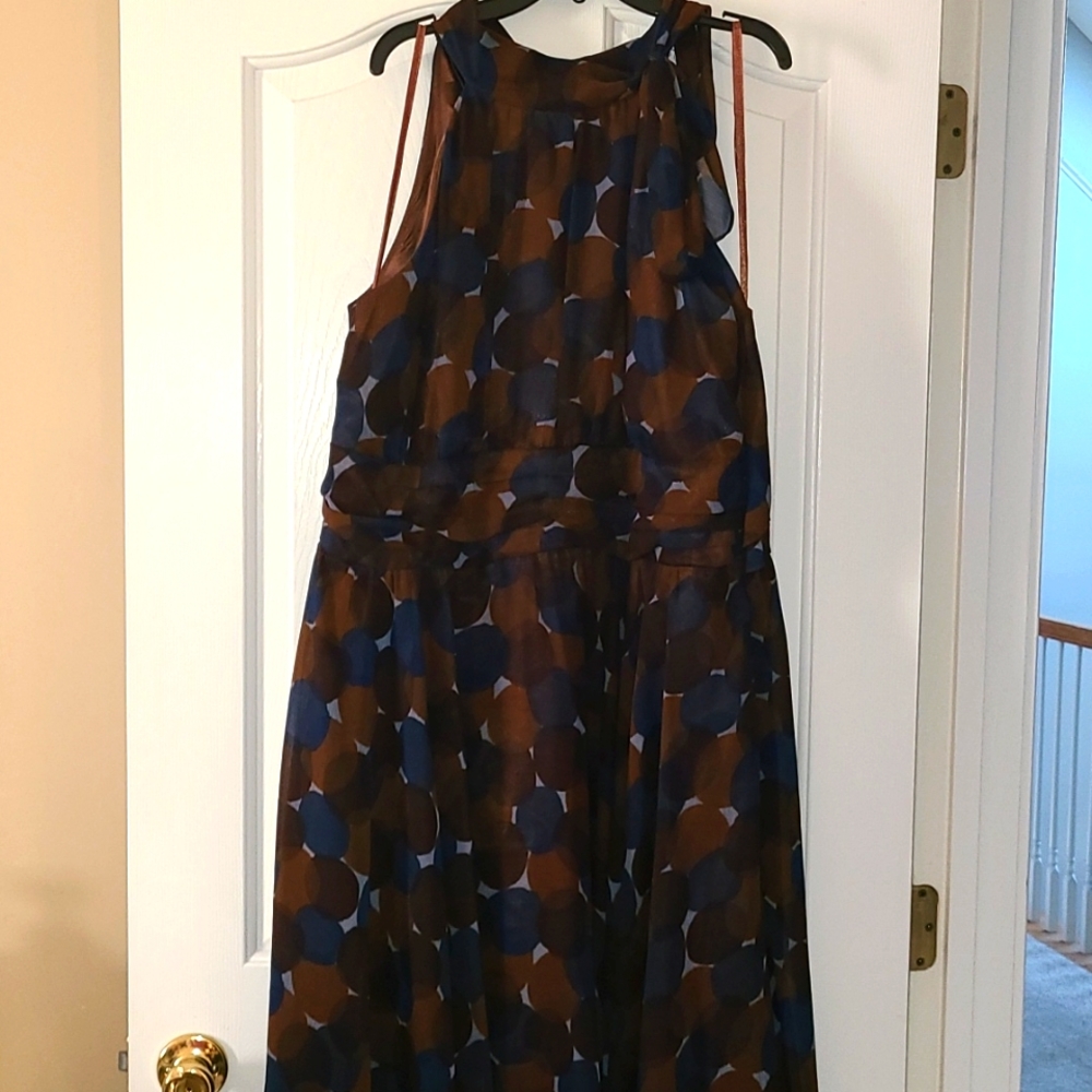 Eliza J Blue and Brown Polka-dot Tie Neck Dress